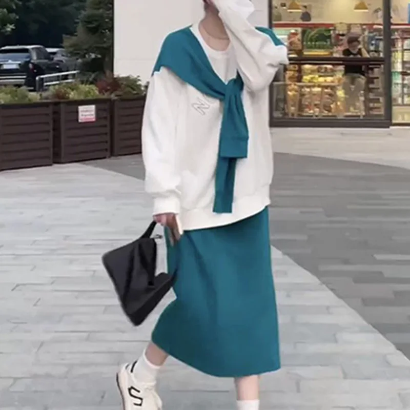Spring Autumn Casual Suit for Womens Comes with a Shawl and Fake Two Piece Sweater Skirt Letter Print Plus Size Two Piece Sets