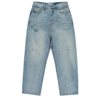 spring and summer new mens washing light color hole loose straight jeans casual denim wide leg pants