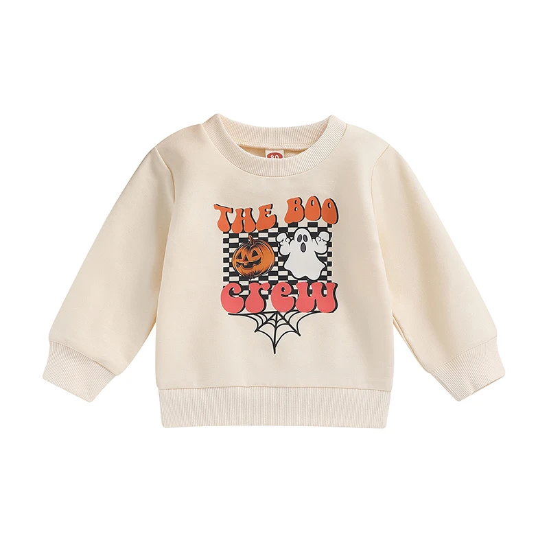 

Toddler Baby Halloween Sweatshirt Long Sleeve Cartoon Pumpkin Spider Web Letter Ghost Print Loose Tops
