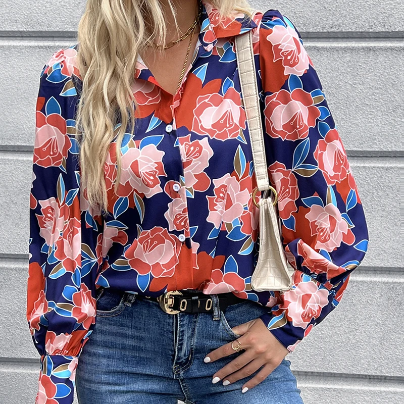 

Elegant Fashion Women Shirt Autumn Vintage Leopard Floral Print Woman Blouse Lantern Sleeve Office Lady Tops Blusas Mujer 22935