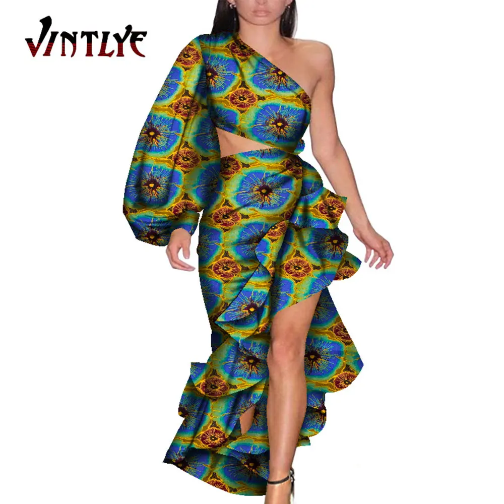 African Clothes for Women 2 Piece Set Ankara Floral Print Crop Tops and Ruffle Skirt Dashiki African Party Clothing WY7943