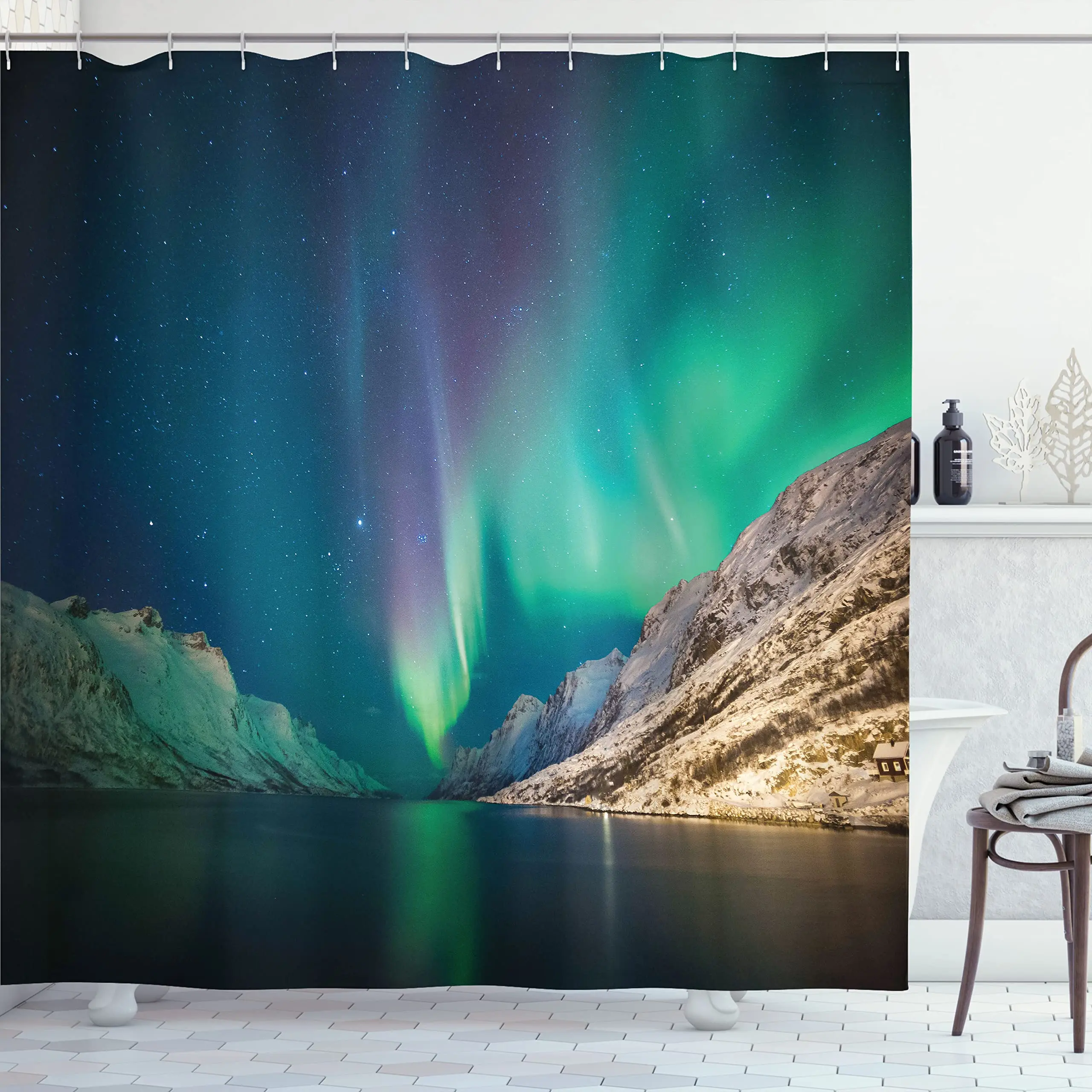 

Водонепроницаемая занавеска для душа, натуральный ландшафт, полярная Аврора, снежные горы, озеро, с принтом, экран для ванной комнаты