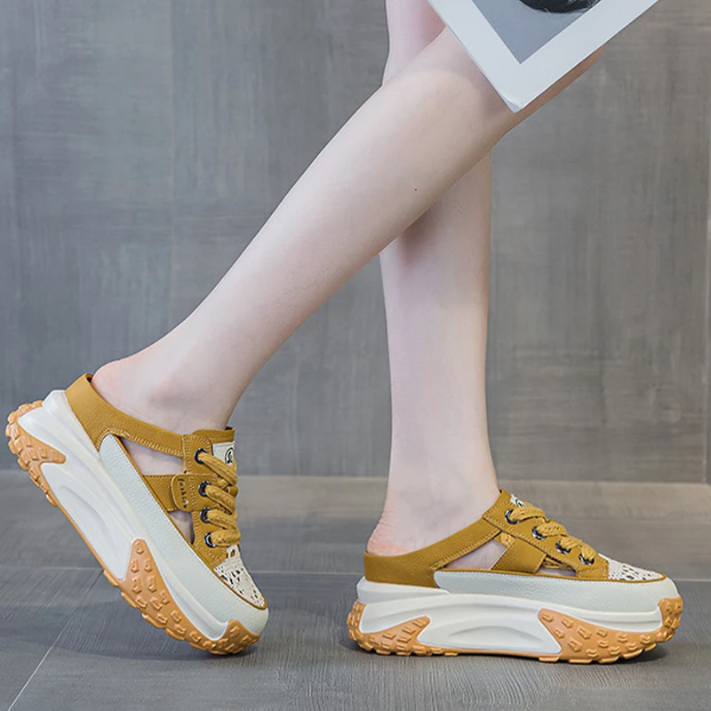 7cm Lace Genuine Leather Slides Hollow Ladies Summer Slippers Breathable Ankle Boots Women Platform Sandals Wedge Woman Shoes