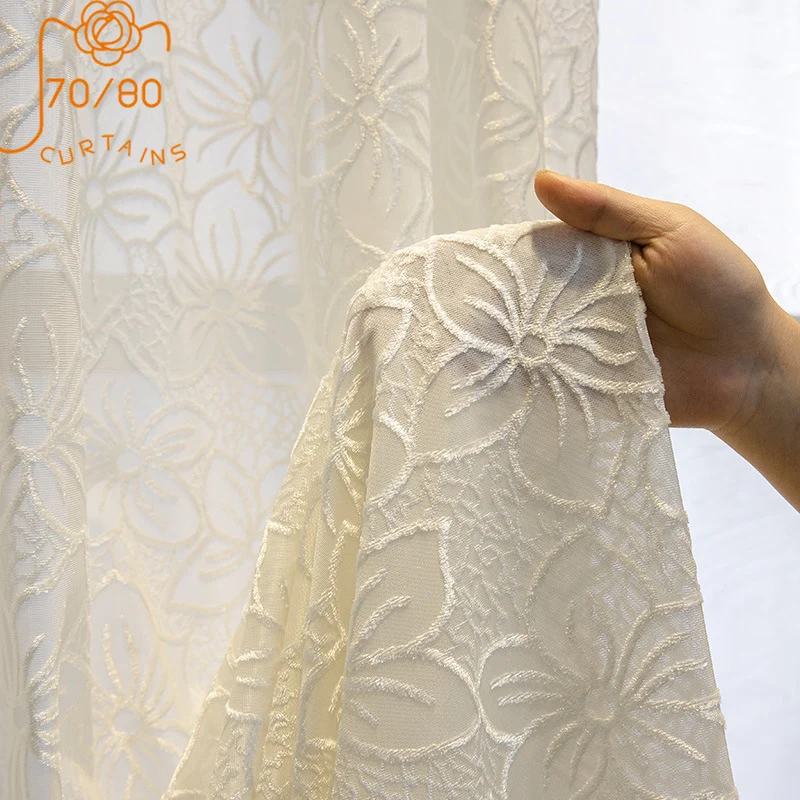 Nordic High-end Embossed Jacquard Pure White Three-dimensional Gauze Curtains for Living Room Balcony Bedroom Finished Product
