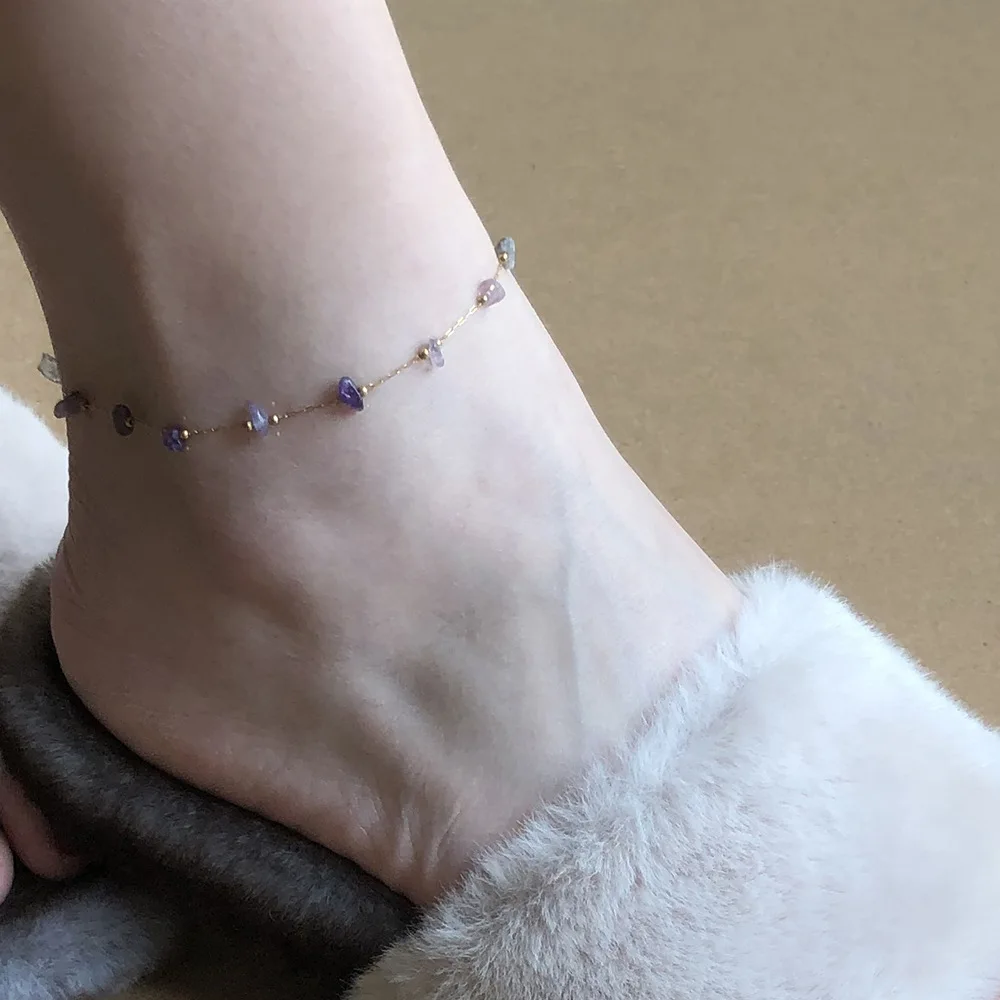 

316 Stainless Steel Natural Irregular Amethyst Anklet for Women Simple Summer Waterproof Sweat Does Not Fade Jewelry
