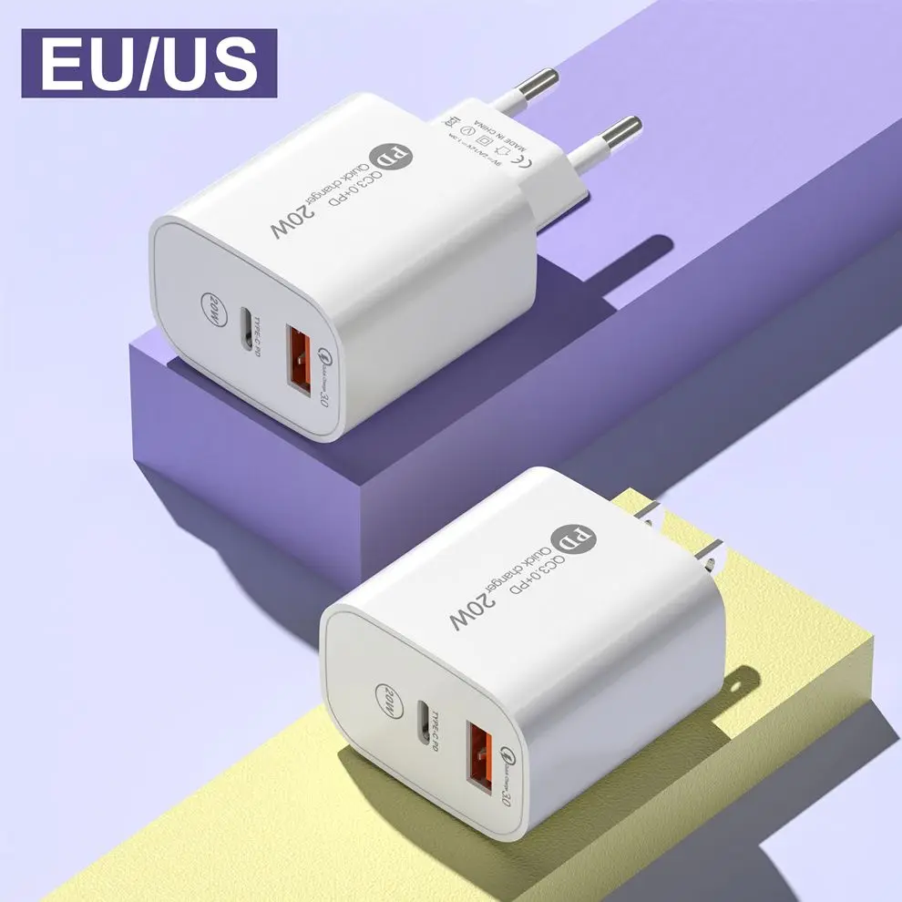 

200pcs fast charging Eu US Qc3.0 4.0 20W PD Type c Wall Charger Adapters For IPhone 12 13 Pro Samsung S20 htc xiaomi