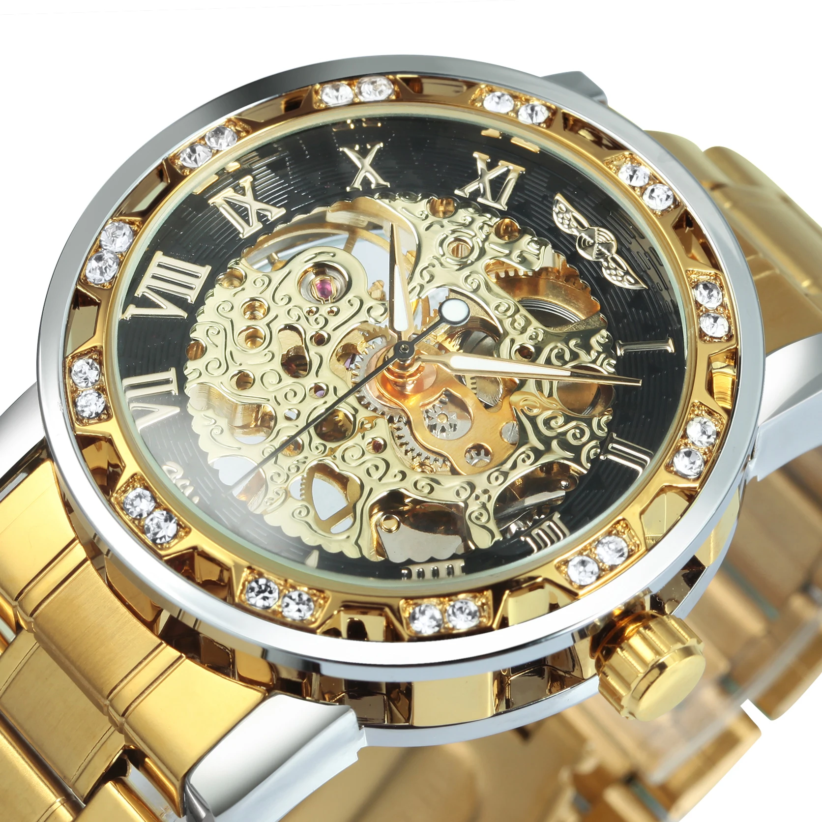 

WINNER Retro Transparent Skeleton Mechanical Watches for Men Top Brand Luxury Iced Out Gold Mens Watch Stainless Steel Strap