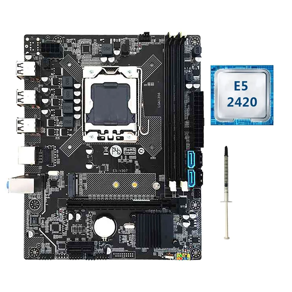 X79 Motherboard with E5 2420 CPU+Thermal Grease LGA1356 DDR3 REG ECC RAM M.2 NVME SATA3.0 Motherboard HM65 Chip