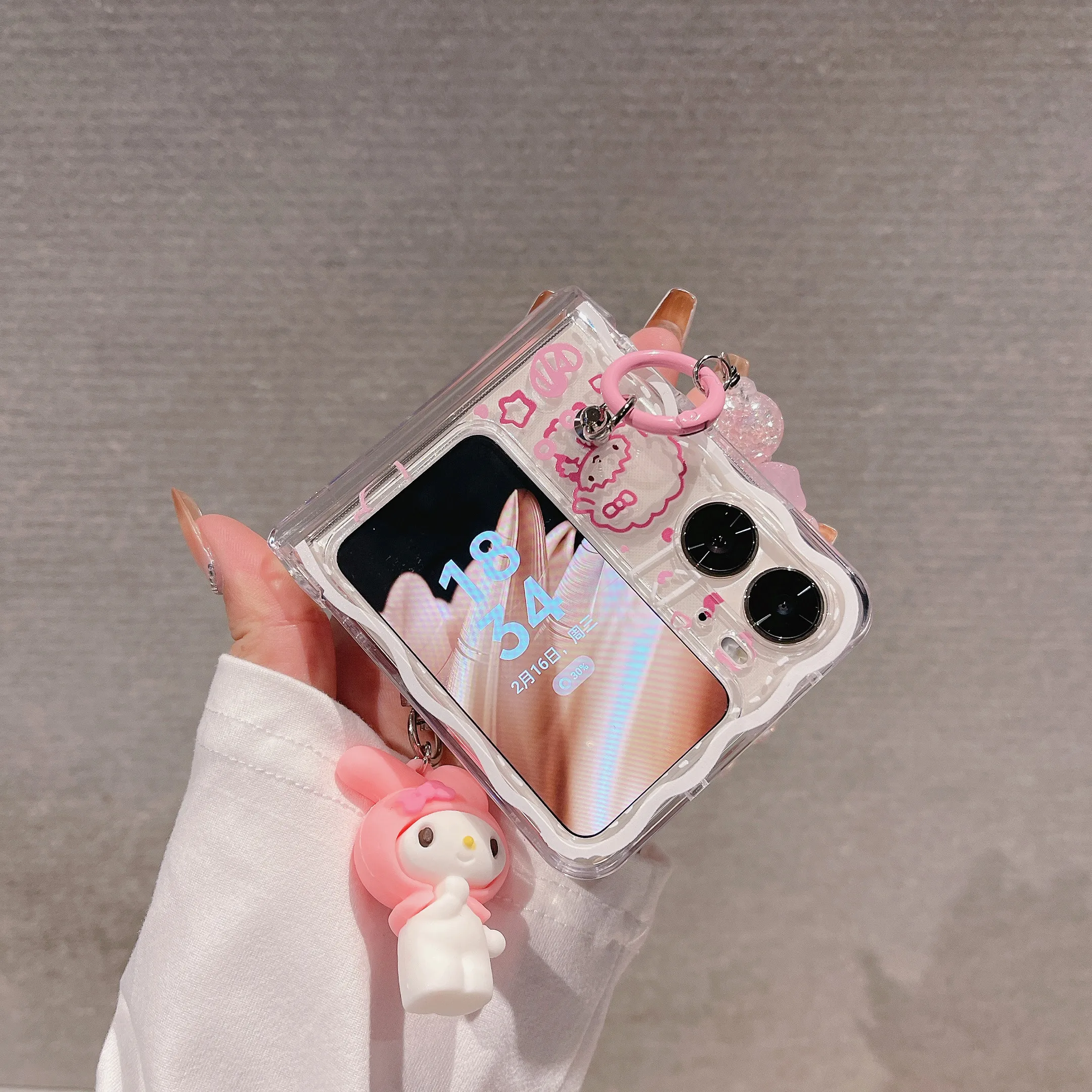 Cute Sanrio My Melody Kuromi Cinnamoroll  Hand Chain With Doll Pendant Phone Case  For OPPO Find N2 Flip Wavy Transparent Cover