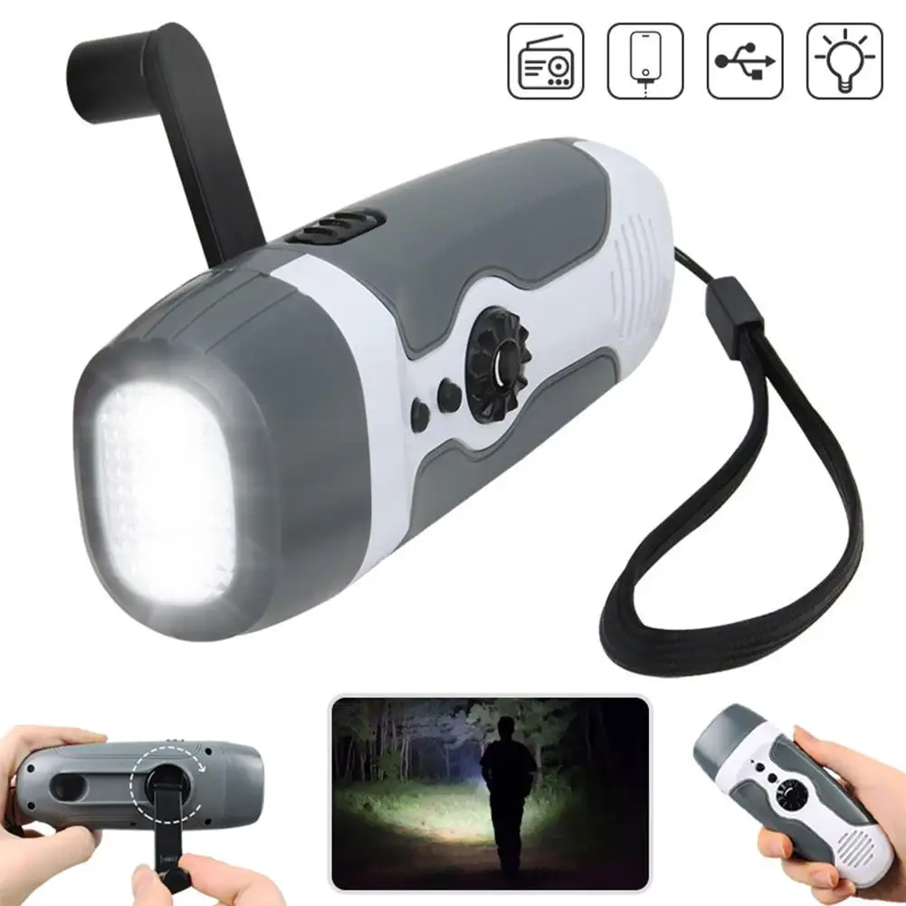 

Portable Hand Crank Led Flashlight With Fm Radio Alarm Function Multifunctional Outdoor Emergency Lamp