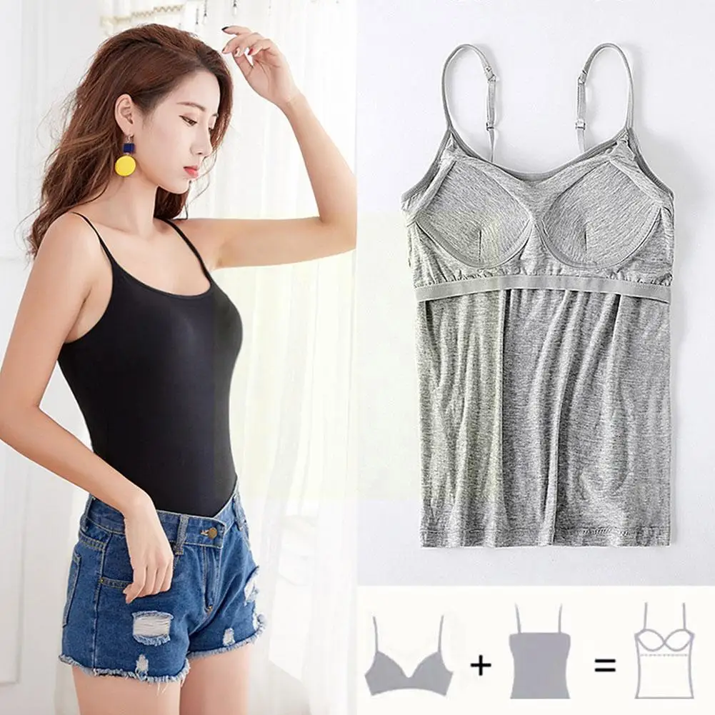 

Camis With Built In Shelf Bra Adjustable Strap Women Cotton Camus Long Top Tanks Summer T-Shirt Basic Pad Layering Chest T6H5