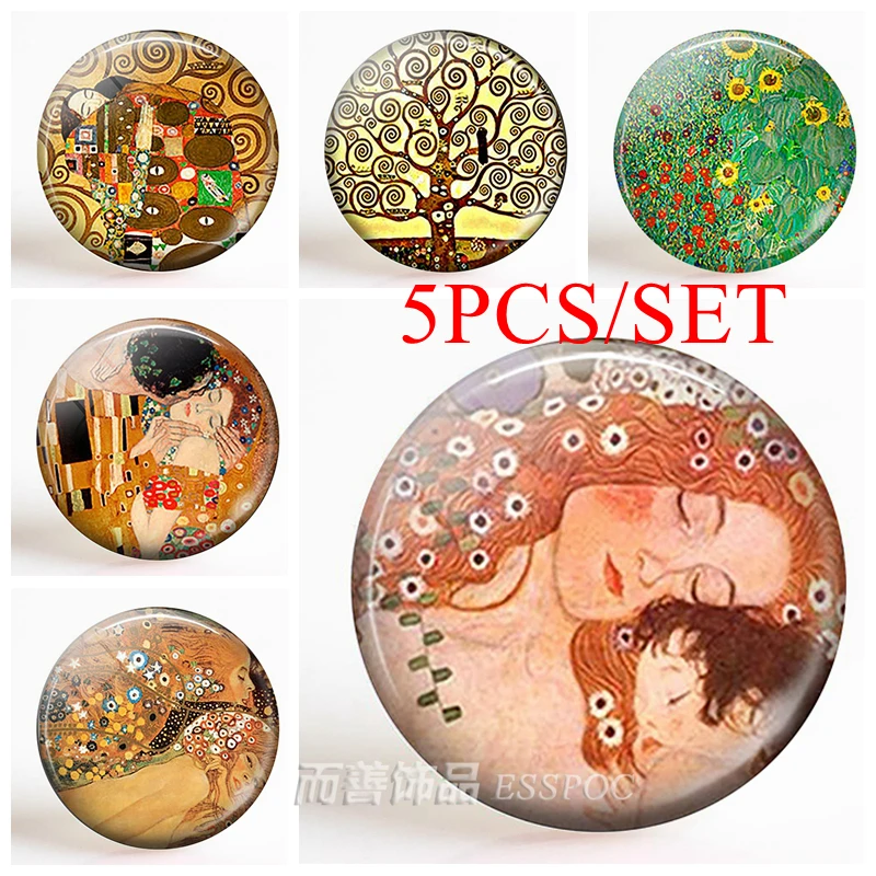 

5PCS/SET Klimt's Mother Child Art Handcrafted Glass Dome Making Jewelry Pendant Klimt Art Fashion Accessories Mother Day's Gift