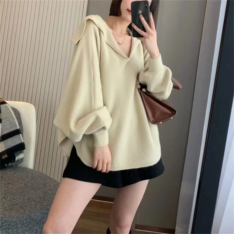 

Hsa 2023 New Solid Lapel Women Sweater Winter Polo V-neck Casual Ladies Thick Essential Clothes Pullover Knitted Tops