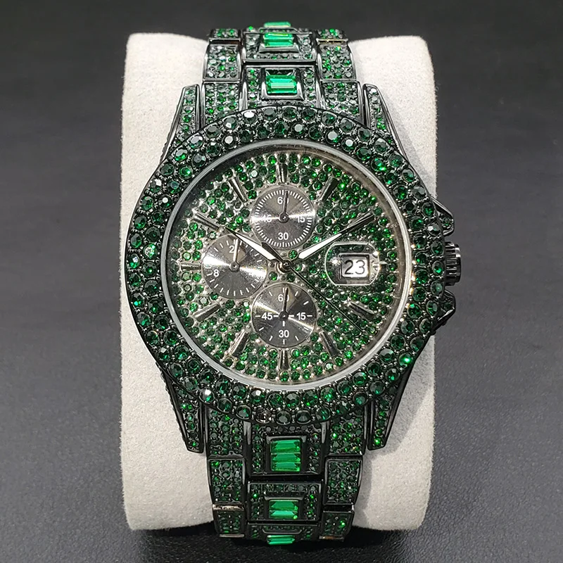 New Green Diamond Watch For Men Luxury Hip Hop Diamond Watch