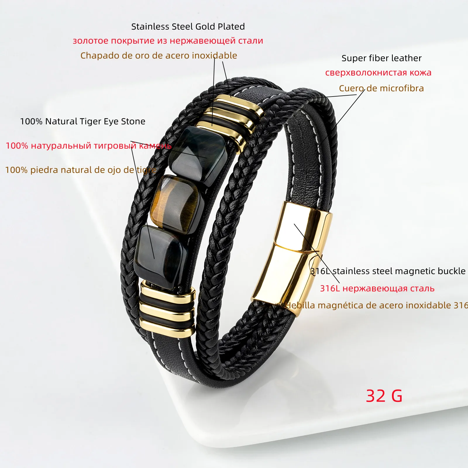 New Vintage Jewelry Natural 3 Square Tiger Eye 3 Layer Leather Rope Men's Stainless Steel Bracelet Fashion Charm Jewelry images - 6