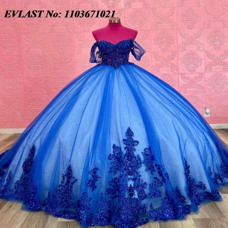 EVLAST Royal Blue Quinceanera Dress Ball Gown Lace Applique Beading Diamond Mexican Corset Sweet 16 Vestidos De XV 15 Anos SQ58