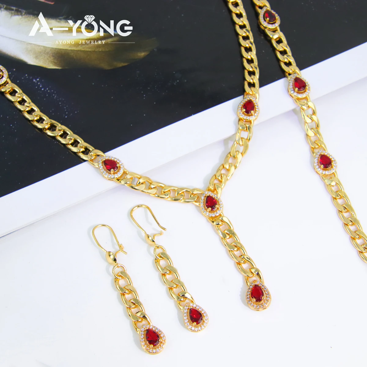 

Cubic Zirconia Cuban Necklace Set 21k Gold Plated Women Luxury Jewelry Choker Dubai African Bridal Wedding Party Gifts
