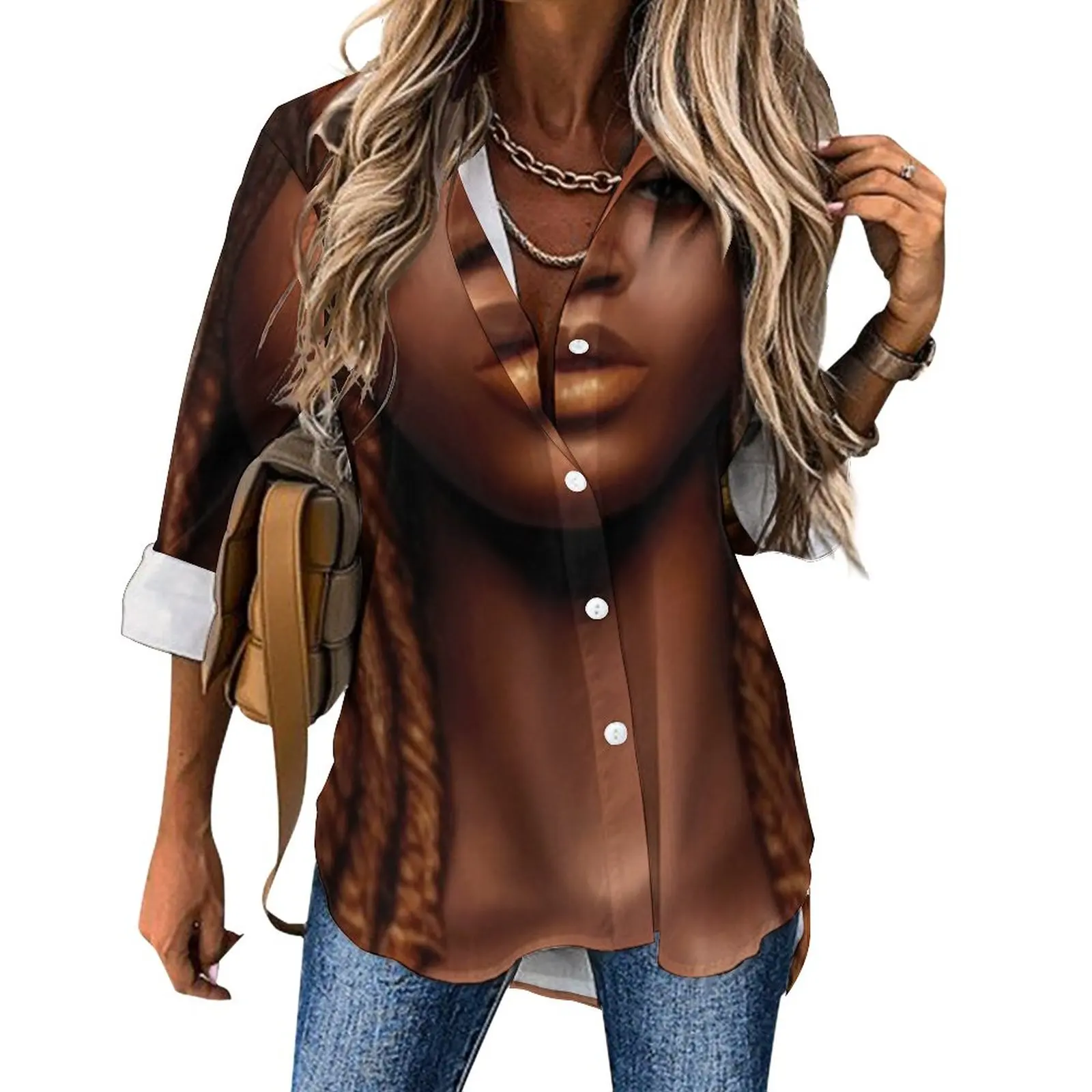 

Beautiful African Woman Casual Blouse Black Girl Kawaii Design Blouses Female Long-Sleeve Fashion Shirt Summer Oversize Top