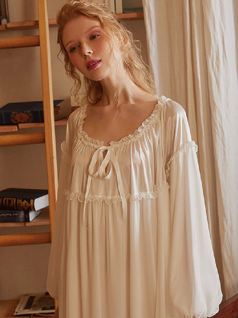 

Women Spring Satin Mesh Ruffles Retro Vintage Princess Night Dress Lolita Nightgown Victorian Pearl Long Fairy Sleepwear