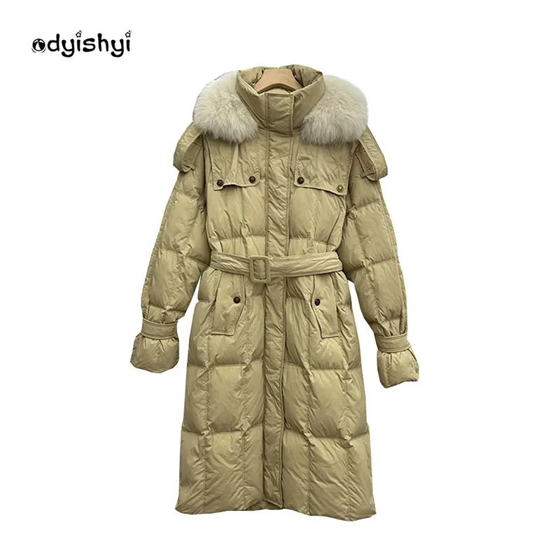

Fashion High Quality Real Fox Fur Collar Long Down Jacket Women Parka 2022 New Winter Thick Coat With Belt Slim Overcoat Female
