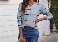 womens 2022 spring new striped v neck loose long sleeved t shirt women casual office all match tops female lady clothing
