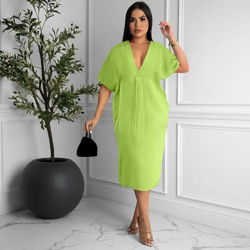 

WUHE Half Batwing Sleeve Deep V-neck Slim Green Pink Black Women Dress 2022 Summer Street Beach Boho Holiday Chic Loose Dresses