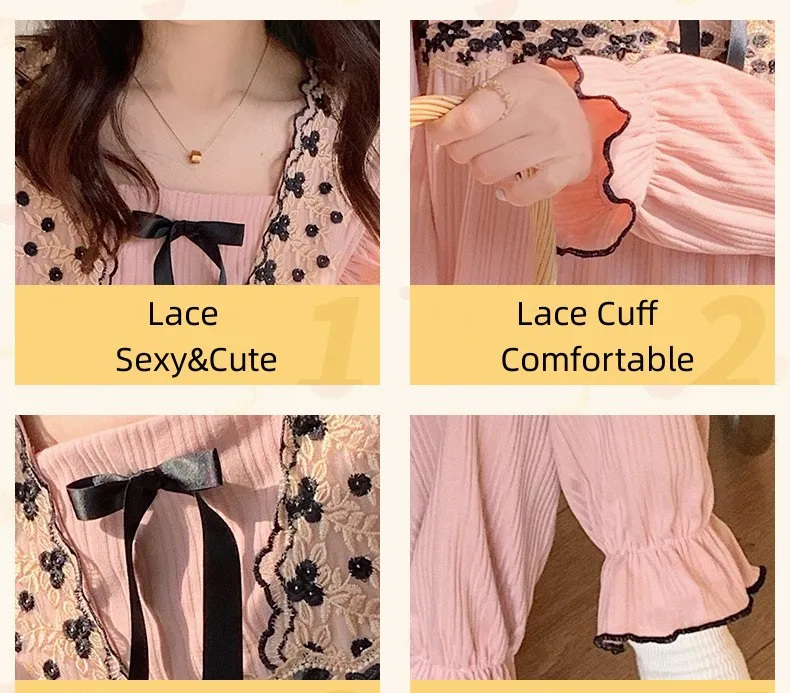 Yasuk Spring Autuum Fashion Women's Casual Sleepwear Homewear Sexy Lovely Sweet Pink Black Pajamas With Pants Soft Lace Bow