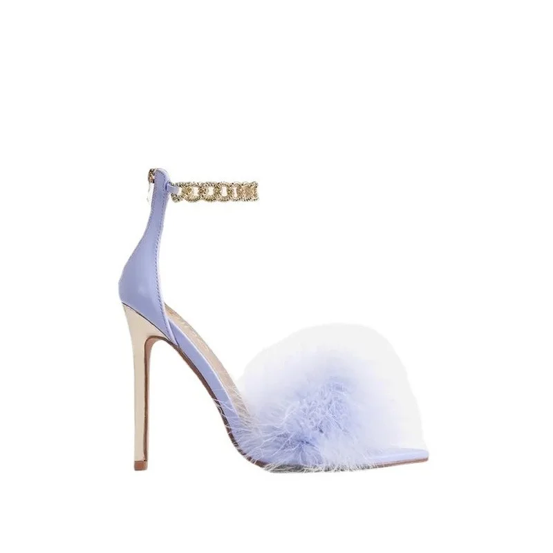 2021 Feather Sexy Fish Mouth Pointed Toe Thin Heel Large Size 43 Super High Pumps Fashion Design Stiletto Women Mules Fur Shoes