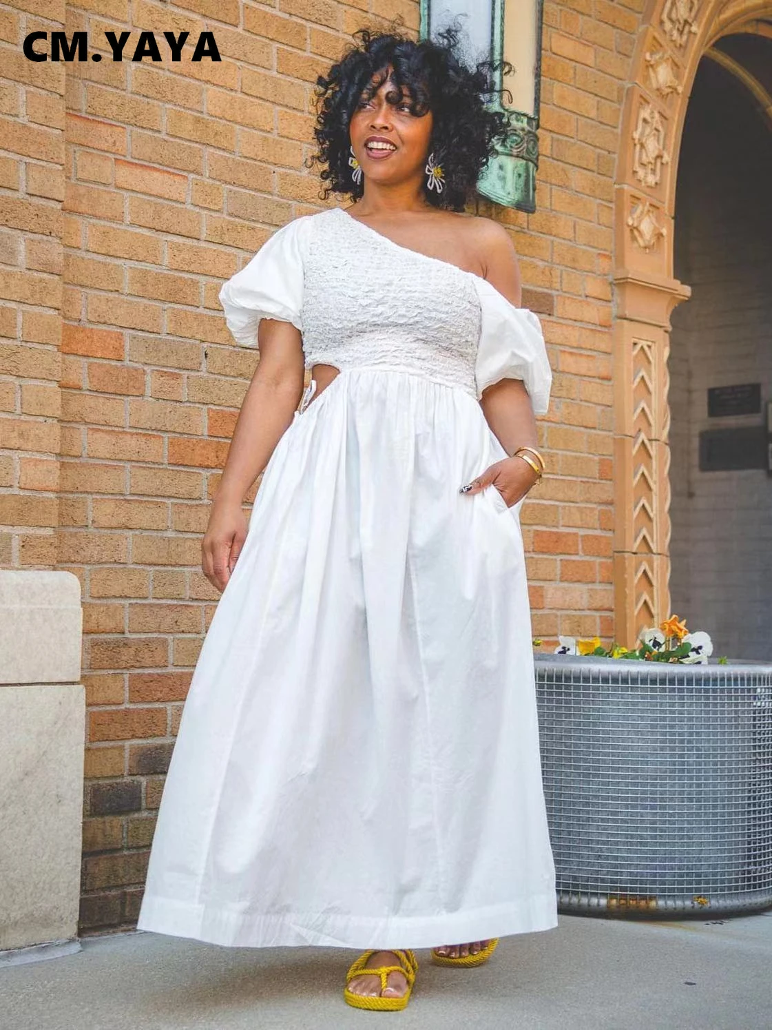 

Женское длинное платье макси CM.YAYA, элегантное свободное платье с рукавом до локтя, косым вырезом и вырезом на талии, летнее уличное длинное п...