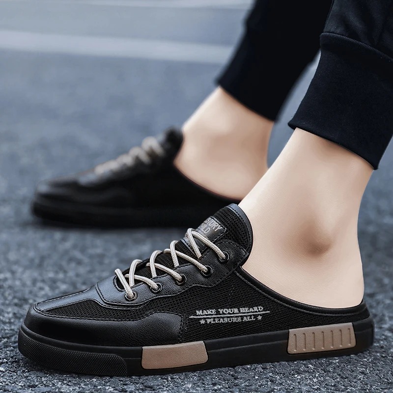 

Men's New Fashion Lace Up Hollow Breathable Lightweight Outdoor Comfortable Flat Bottom Half Trailer Men's Shoes 2023