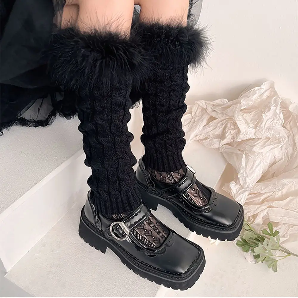 

Comfortable Sweet With Feather Girl Female Wool Knitted Foot Cover Women Leg Warmers Twist Stripe Lolita Boots Cover