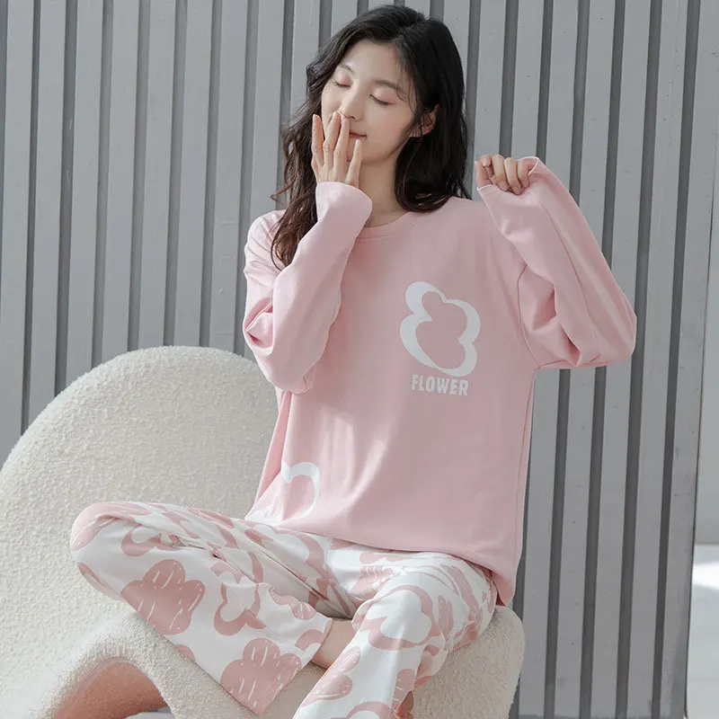 Yasuk Spring Autumn Fashion Women's Casual Lovely Flower Cotton Pocket Sleepwear Homewear Simple Pajamas Set With Pants Sweet