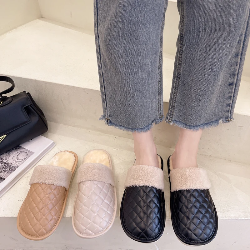 

Low Flat Shoes Female Woman's Slippers Cover Toe Slides Fur Flip Flops 2022 Massage Soft Plush Basic Rubber Rome with fur PU