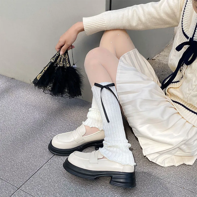 Женские гетры в полоску с бантом осенние и зимние вязаные шерстяные носки