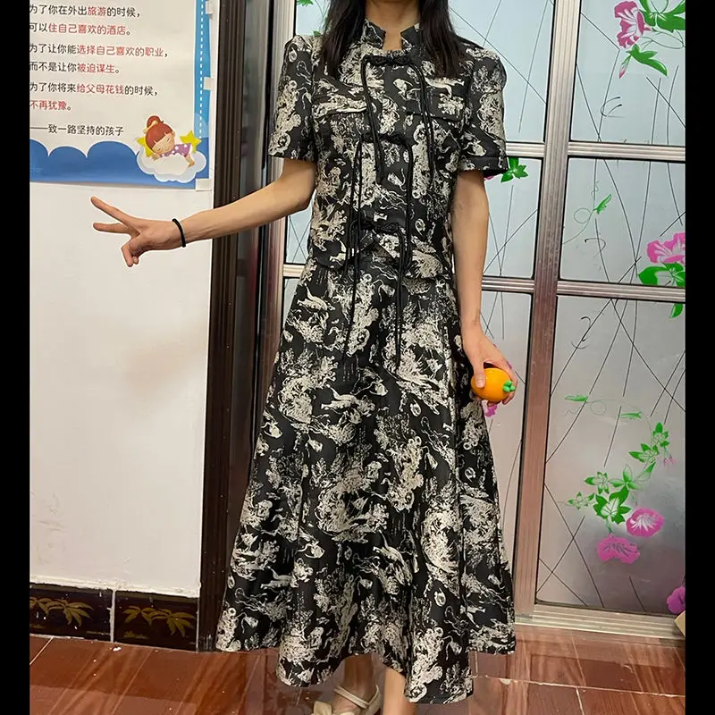 

2023 chinese style standing collar jacquard set skirt plate button short top+high waist a-line half length skirt oriental qipao