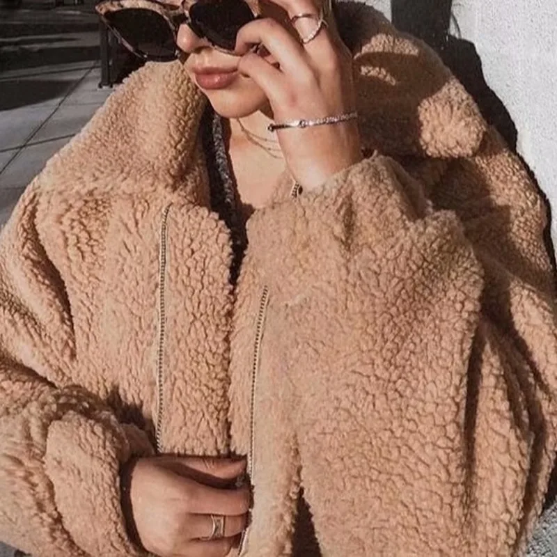 Women 2021 Casual Warm Zipper Fur Jacket Plush Overcoat Pocket Large Teddy Coat Female Autumn Winter Loose Faux Fur Coats
