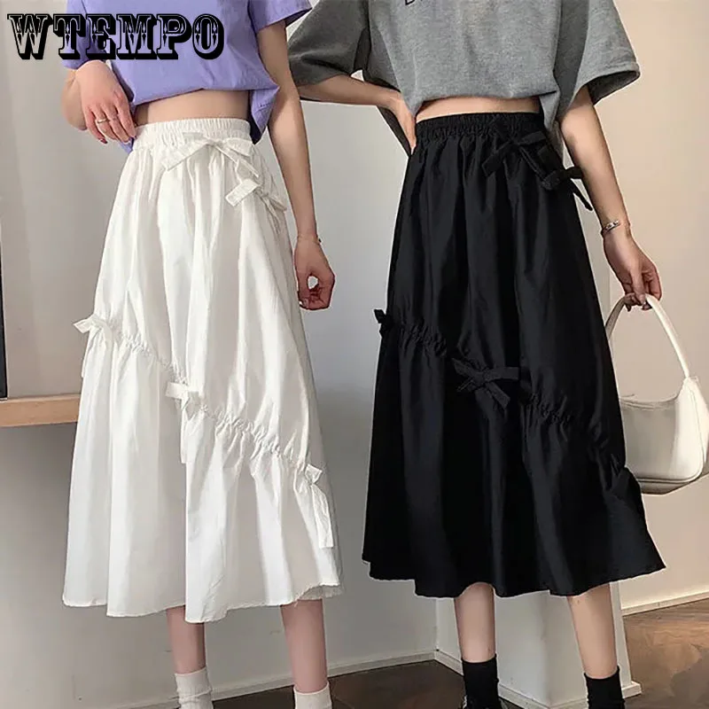 

Woman Black Skirts Summer Solid Color A-line Long Skirts Elastic High Waist Loose All-match Skirt Fashion Streetwear Bow Skirt