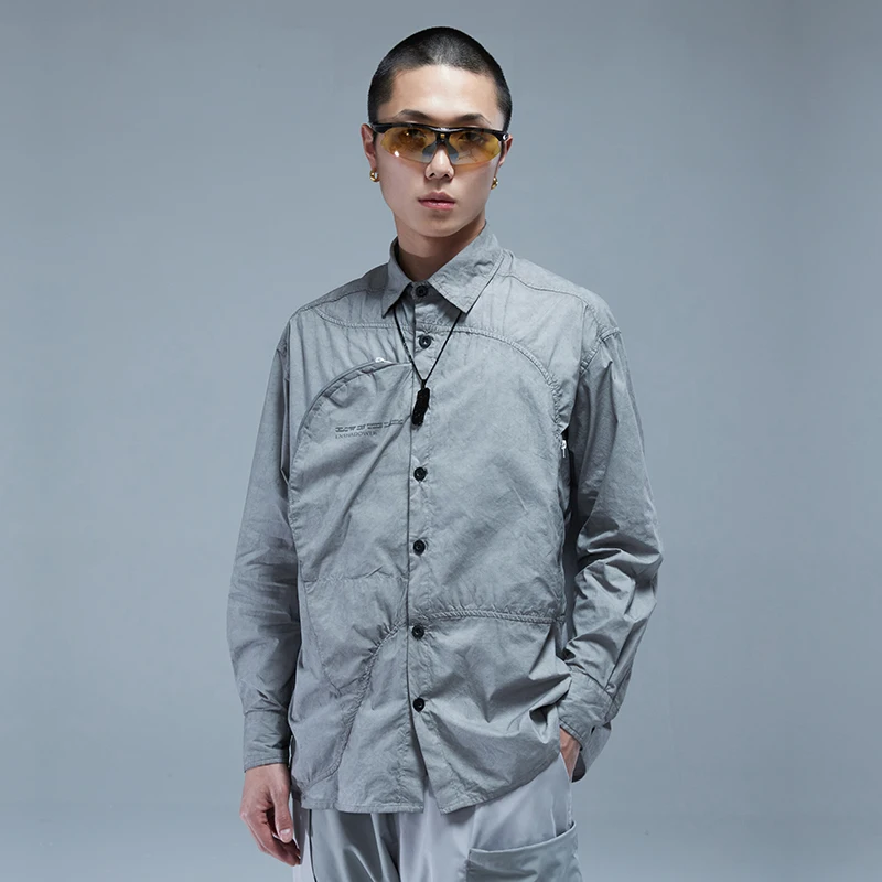 ENSHADOWER 21SS Curved Pocket Grey Shirt Men's Loose Long-Sleeved Couple's Jacket Fashion Deconstruction Streetwear