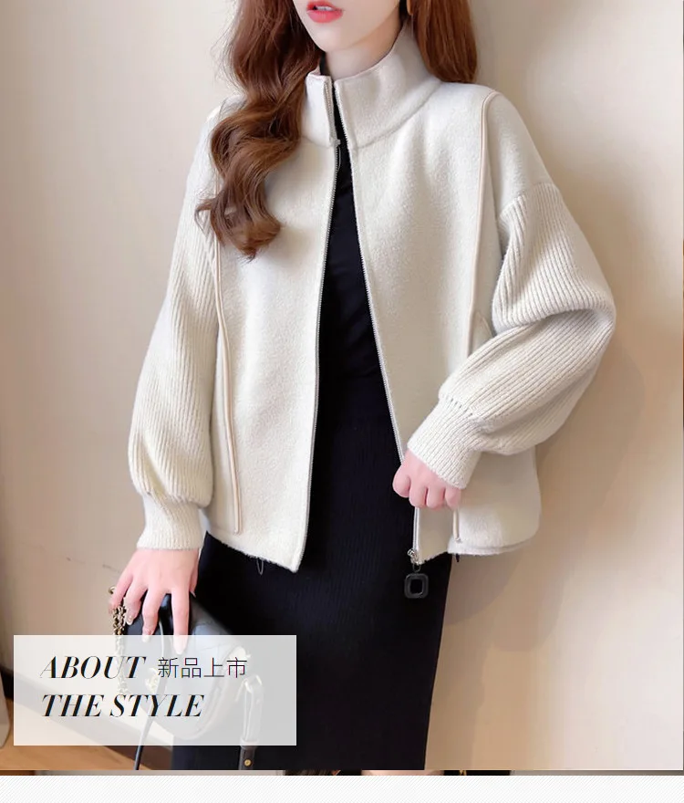 

2023 autumn women's fashion new zippered baseball jacket short loose and thickened large,Imitation double-sided knitted jacket