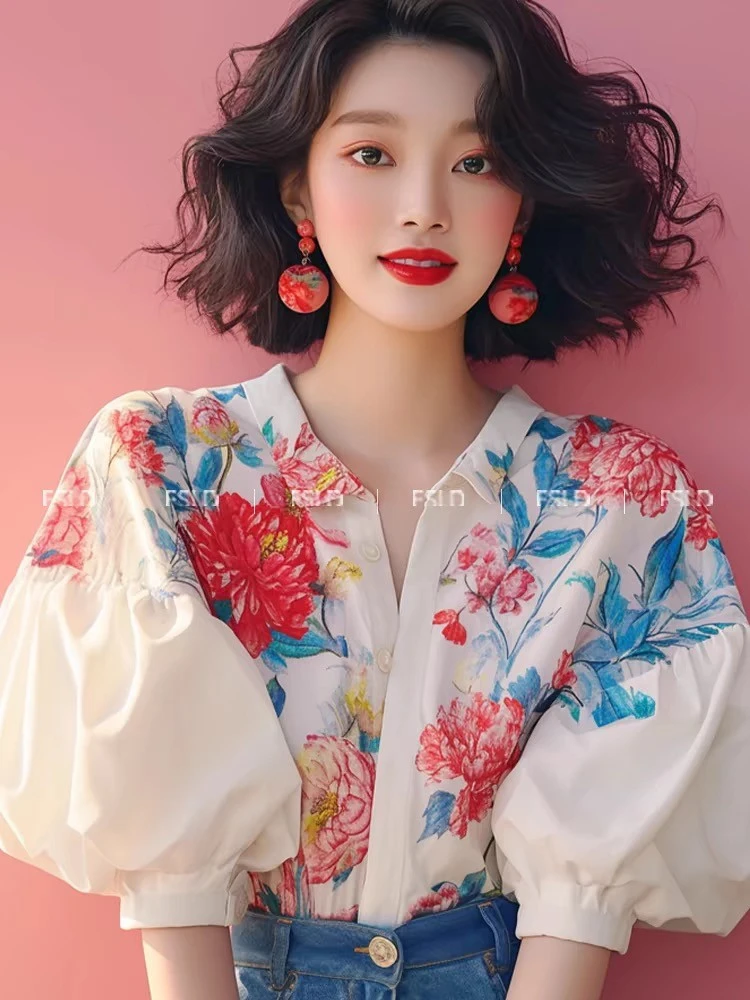 Рубашка с цветочным принтом женская французская темпераментная блузка пышными