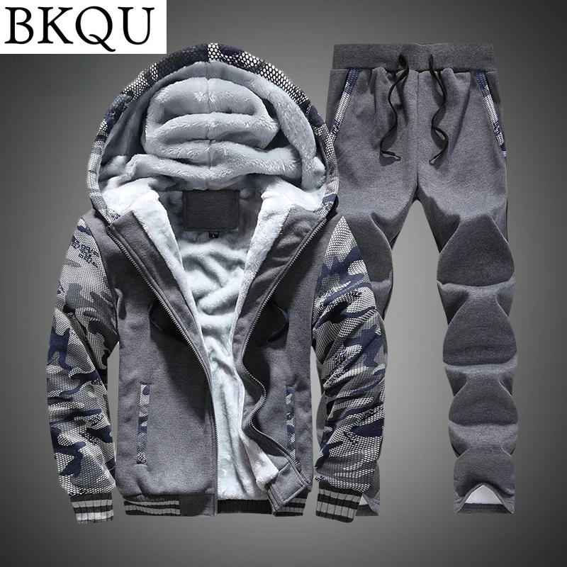 

New Winter Tracksuits Men Set Thick Fleece Hoodies+Pants Suit Zipper Hooded Sweatshirt Sportswear Set Male Hoodie Sporting Suits