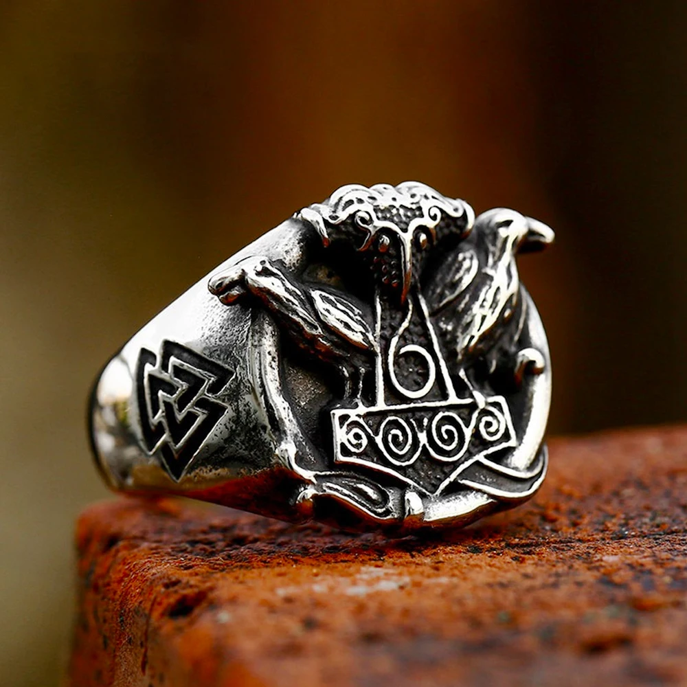 

Nordic Vikings Thor's Hammer Crow Ring for Men Retro 3316L Stainless Steel Viking Valknut Rings Biker Amulet Jewelry Wholesale