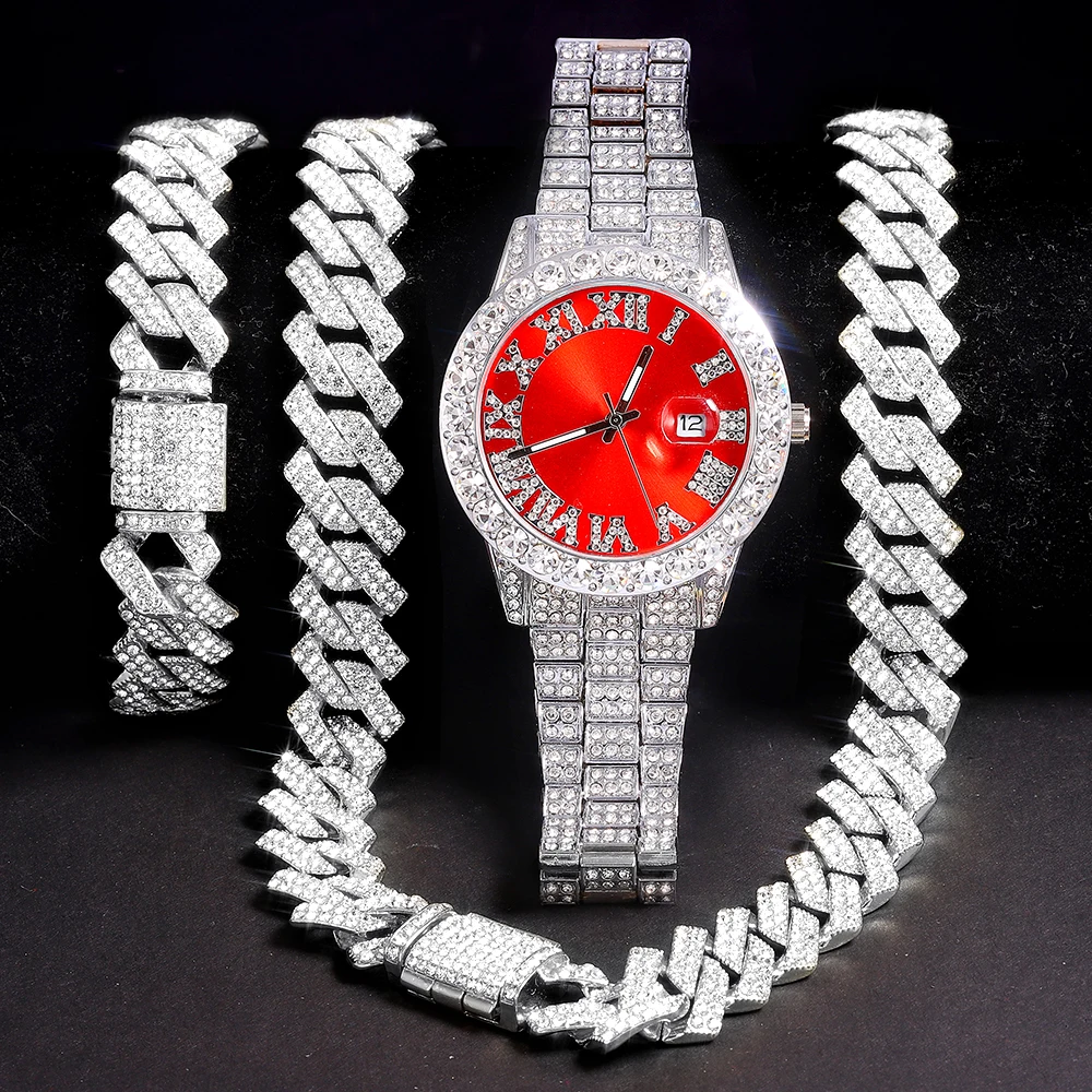 Ожерелье + часы браслет хип-хоп рэпер кубинская цепочка золотой цвет Сверкающее