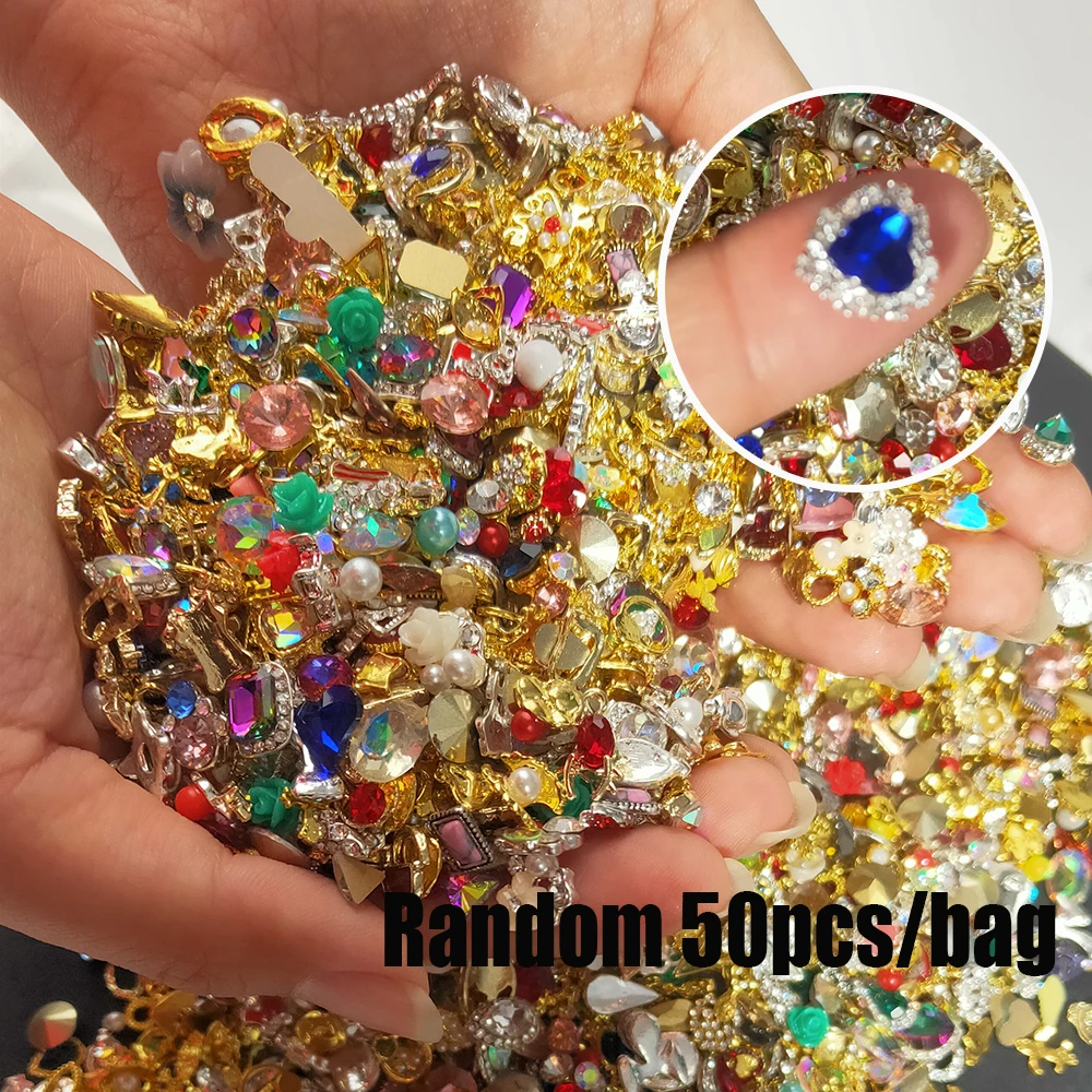 

50PCS Bulk Luxury Zircon Alloy 3D Charms Random Mix Crystal Nail Art Decoration DIY Wholesale 1-bag Metal Nail Rhinestone B&-895