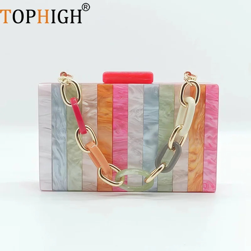 

Stylish Wallet Design Multi Colors Acrylic Evening Clutch Bags Newly Striped Hard Box Chic Purse Party Chains Handbags