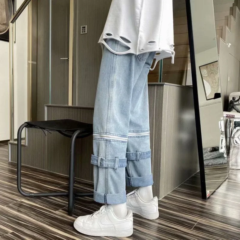 DEEPTOWN Hip Hop Straight Jeans Men Streetwear Zipper Denim Pants Hole Fashion Trousers Male Loose Casual Youth Designer Clothes