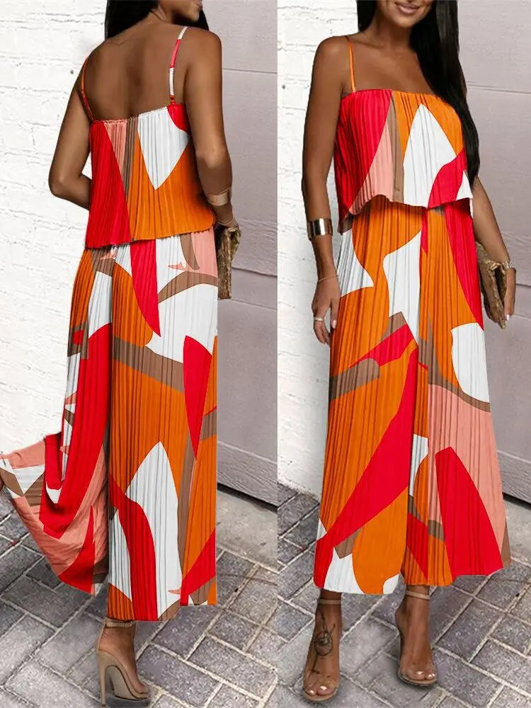 

Sets Outifits 2022 Autumn Spaghetti Strap Ruffle Hem Pleated Wide Leg Jumpsuit Of One Fashion Casual Pieces For Women Elegant