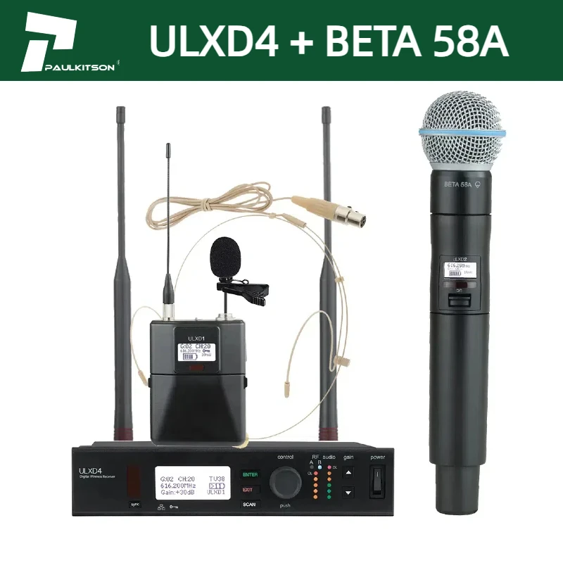 Фото Paulkitson ULXD4 BETA58A BETA87A S58 Профессиональное аудиооборудование UHF Беспроводная портативная микрофонная система для караоке Аксессуары №2