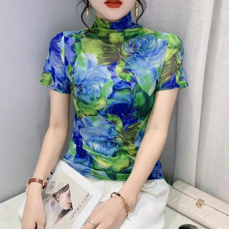 

#7913 Flower 3D Printed Mesh T Shrit Women Short Sleeve Vintage Sexy Turtleneck T-shirt Female Retro Short Tee Korean Fashion