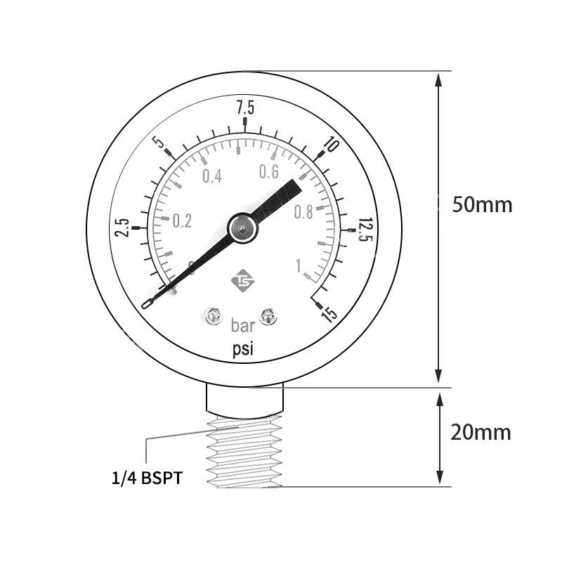 Фото 0-1бар/0-15psi 1/4BSPT Радиальный манометр для измерения давления воздуха, воды, гидравлического масла №4